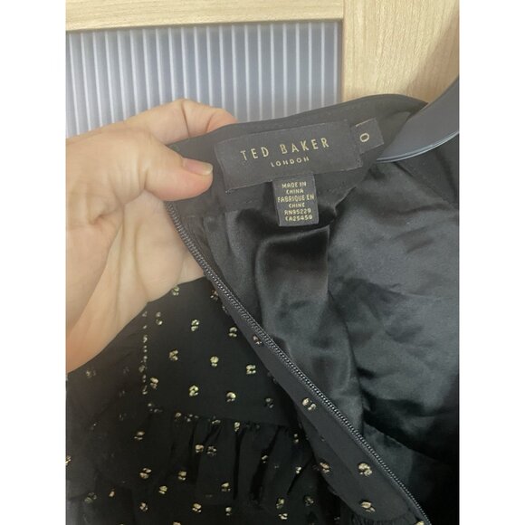 Ted Baker Black Gold Joyous High Neck Ruffle Mini Dress Sz 0 XS Holiday Party - Picture 8 of 9